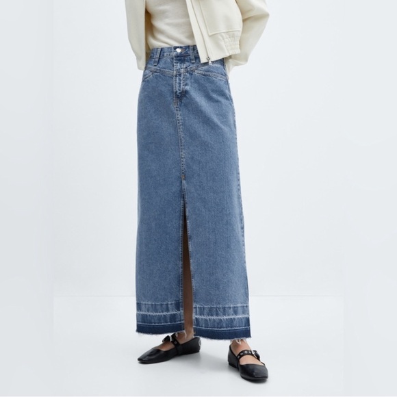 Mango Dresses & Skirts - Mango Blue Denim Maxi Skirt with Front slit and Raw Hem.